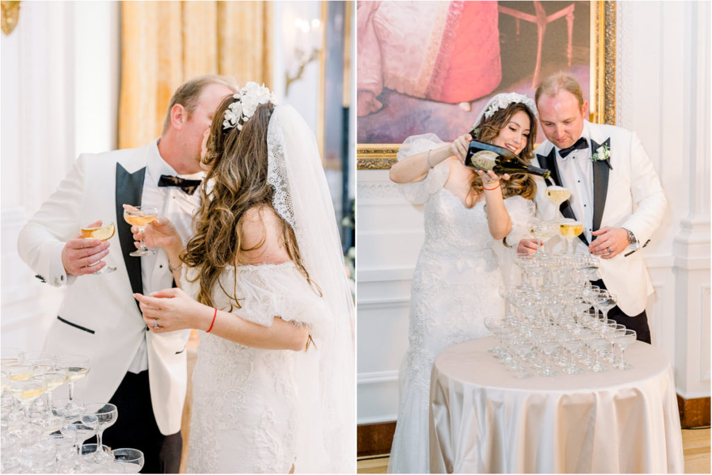 bride and groom pouring champagne into glasses at richard nixon library wedding venue