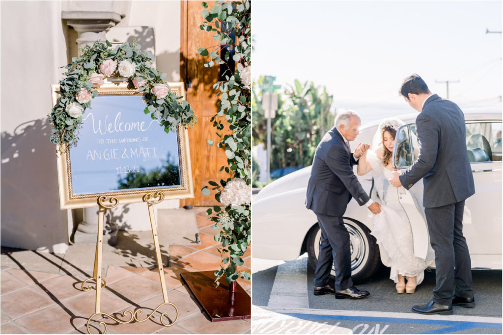 Bride getting out of car at church